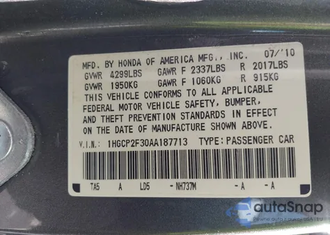 2010 Honda Accord 2.4 Lx z USA, uszkodzony, nr VIN 1HGCP2F30AA187713